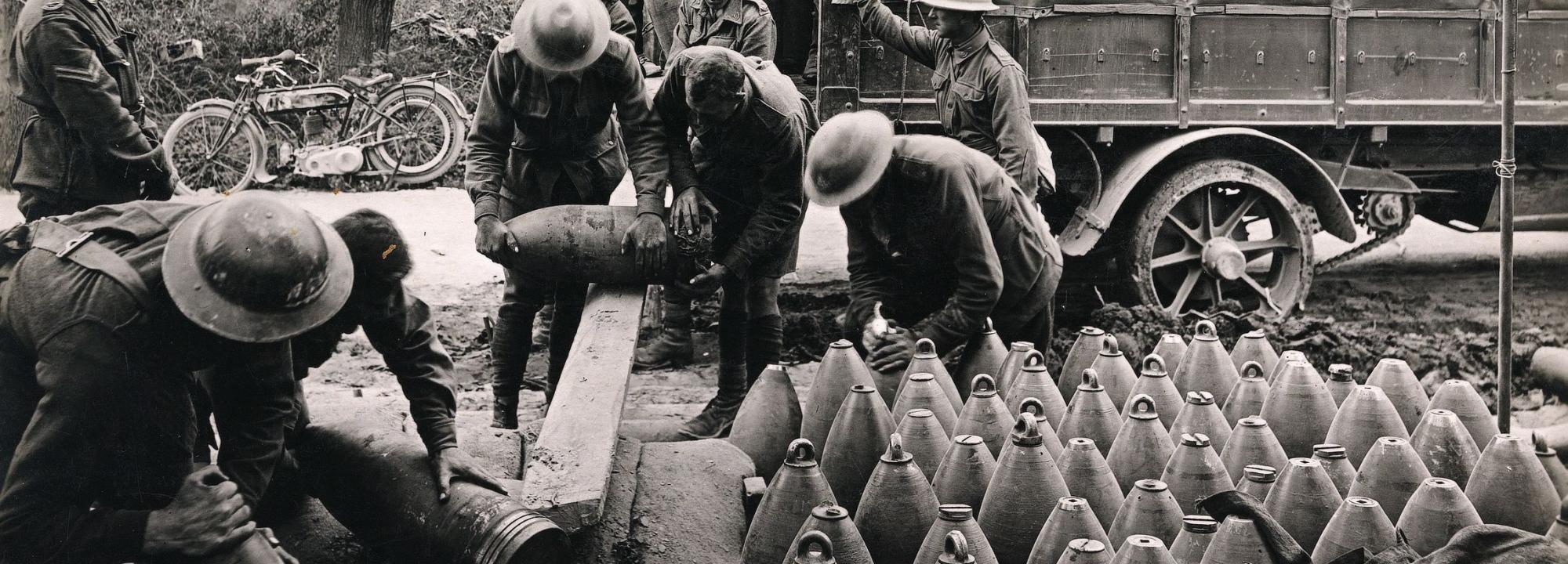 2nd Australian Siege Battery unloading big shells from a motor lorry, Voormezeele, 1917 
